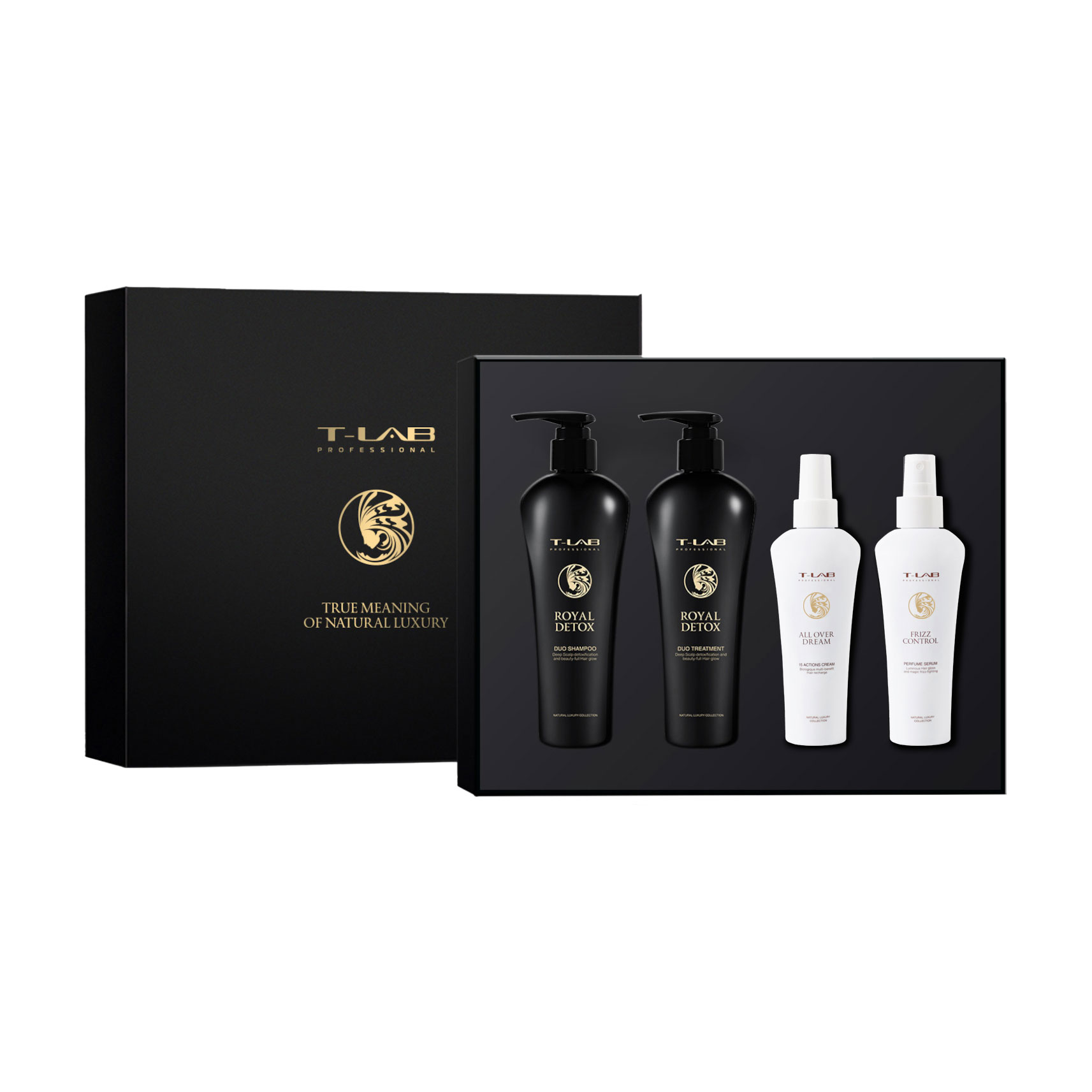 Набір для волосся T-Lab Professional (шампунь Royal Detox, 300 мл + кондиціонер Royal Detox, 300 мл + All Over Dream 15In1 Cream, 150 мл + Frizz Control Parfume Serum, 150 мл)