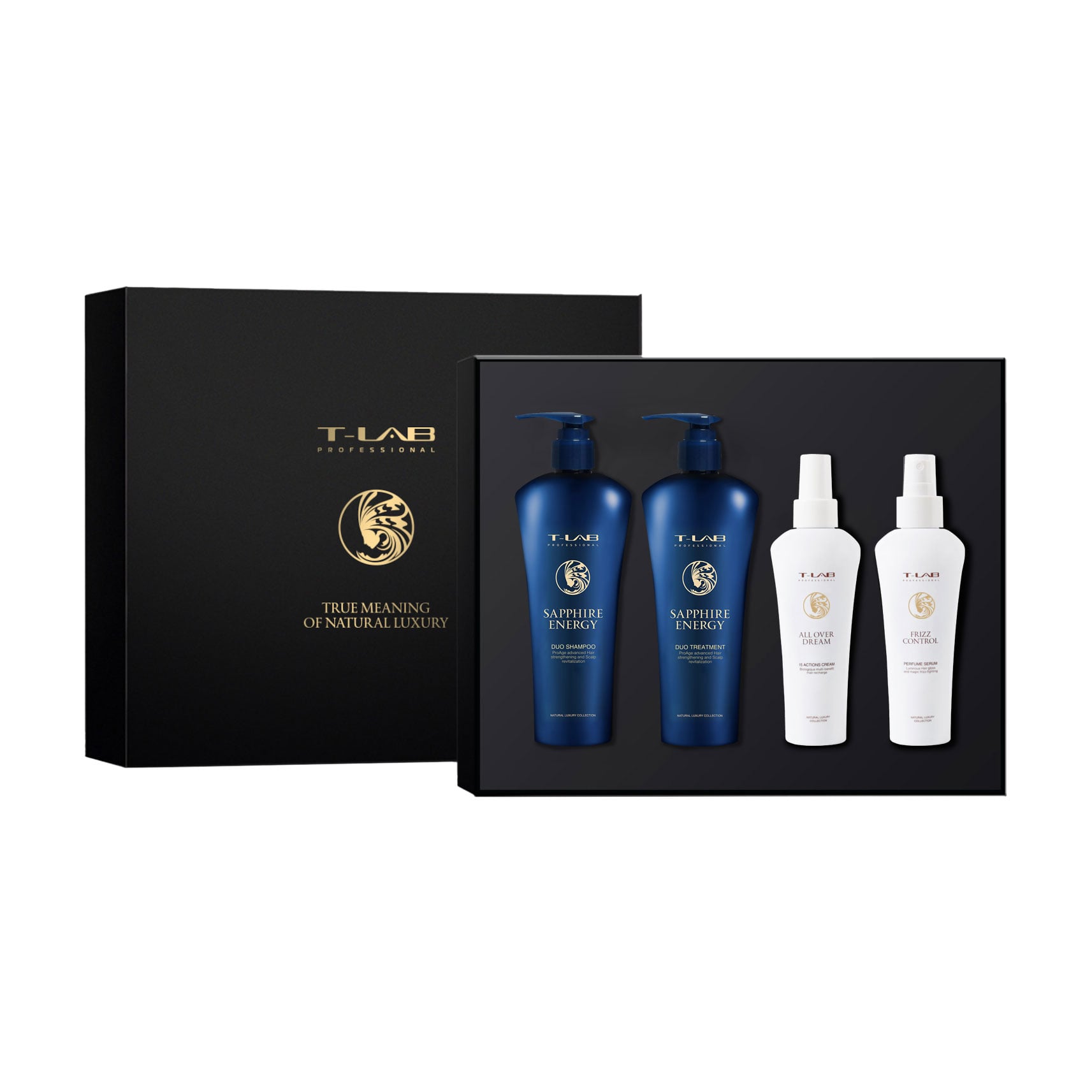Набір для волосся T-Lab Professional (шампунь Sapphire Energy, 300 мл + кондиціонер Sapphire Energy, 300 мл + All Over Dream 15In1 Cream, 150 мл + Frizz Control Parfume Serum, 150 мл)